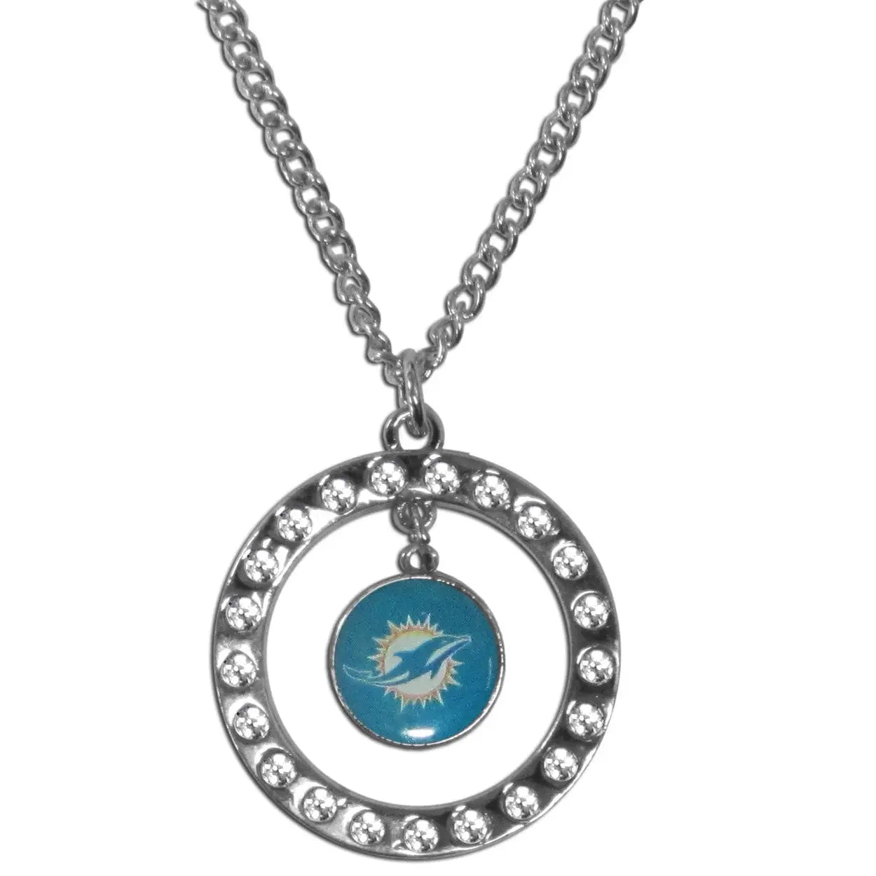 Silver Miami Dolphins rhinestone hoop necklace with circular pendant and rhinestones