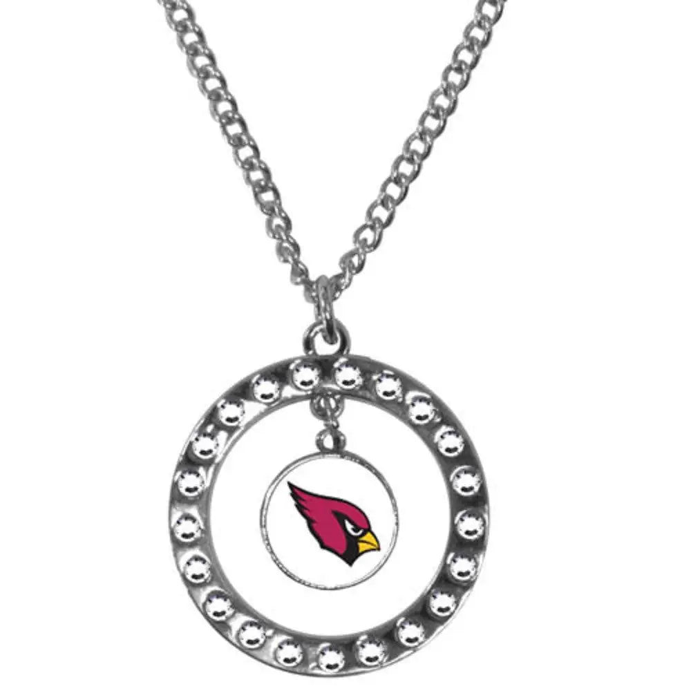 Circular rhinestone hoop necklace with Arizona Cardinals logo charm and sparkling details