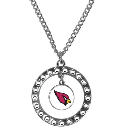 Circular rhinestone hoop necklace with Arizona Cardinals logo charm and sparkling details