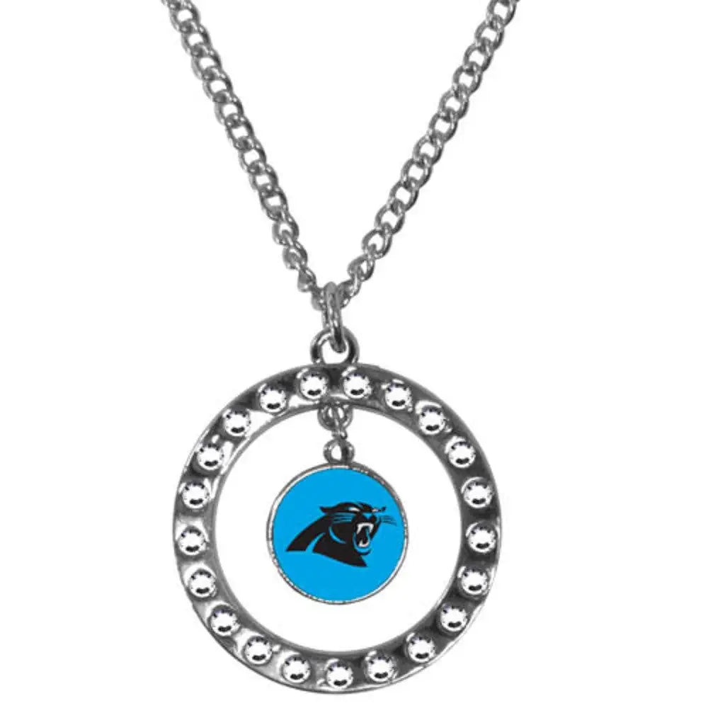 Circular rhinestone hoop necklace with Carolina Panthers logo and rhinestones accents
