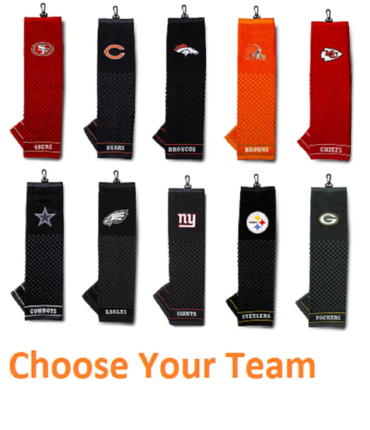 NFL team-branded embroidered golf towels in various colors and logos for avid fans