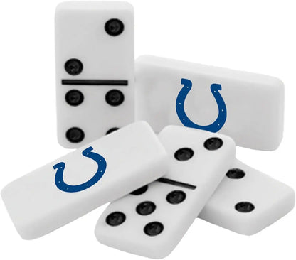 Dominoes with blue horseshoe logos in NFL officially licensed gift tin for great gift
