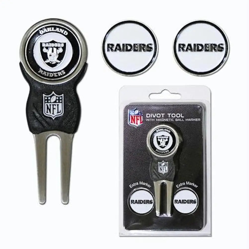 NFL Raiders divot tool with two ball markers perfect for golf and sports enthusiasts