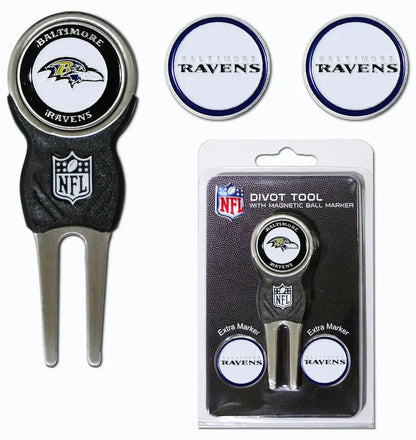 NFL Officially Licensed Divot Tool with Baltimore Ravens logo and ball markers for golfers