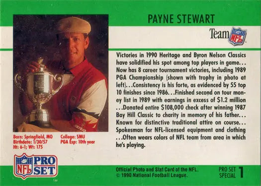 Payne Stewart Pro Set Special Card featuring golfer’s biography and career highlights