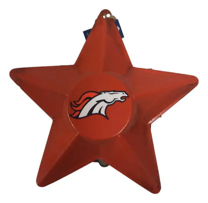 Red star ornament featuring Denver Broncos logo, perfect metal star for NFL fans