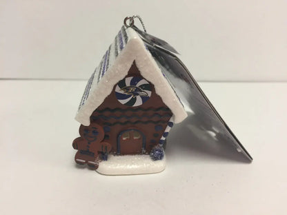 Miniature gingerbread house ornament with candy, part of NFL Team Gingerbread House collection