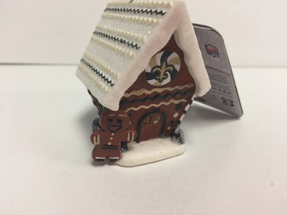 Miniature gingerbread house ornament with fleur-de-lis design for NFL team spirit