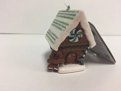 Miniature gingerbread house ornament with green striped roof from NFL Team collection