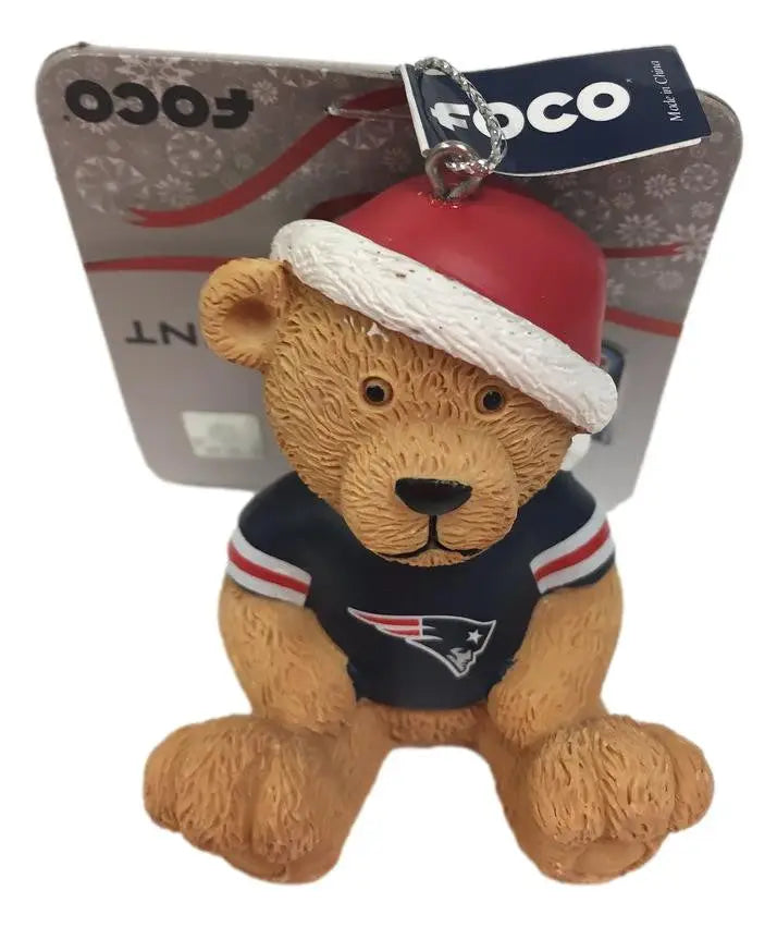 Teddy Bear wearing New England Patriots jersey and Santa hat for jersey bear ornament
