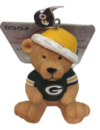 Teddy bear ornament in Green Bay Packers jersey with price tag for NFL fans