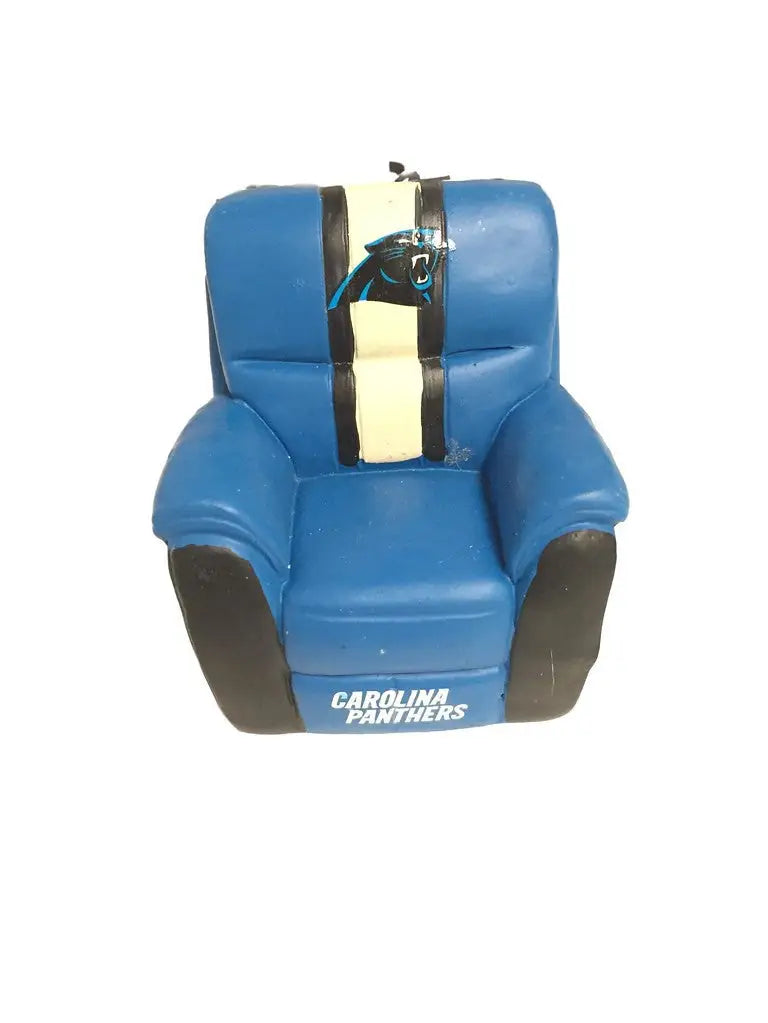 Blue reclining chair ornament with Carolina Panthers logo and built-in drink holder