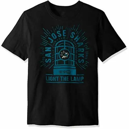 Black San Jose Sharks adult men short-sleeve tee with blue graphic design