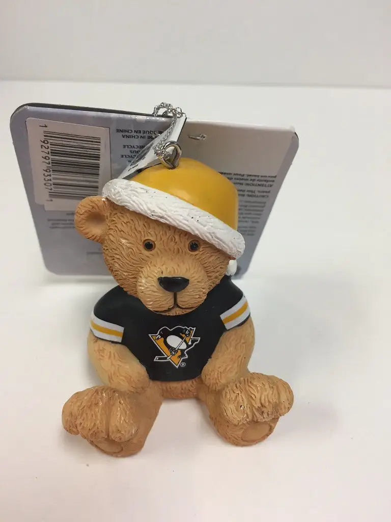 Plush jersey bear in Pittsburgh Penguins jersey and yellow hat for NHL fans