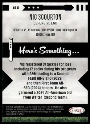 Nic Scourton 2025 SAGE HIT #185 Texas A&M Aggies - Football Card Single