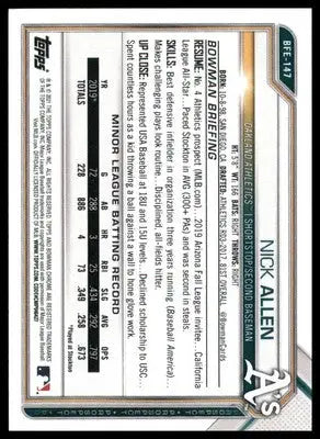 Nick Allen 2021 Bowman 1st Edition #BFE-147 Oakland Athletics - Baseball Card Single