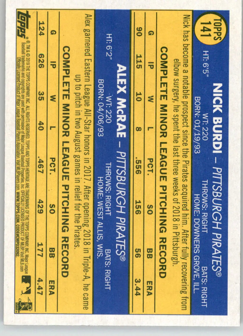 Nick Burdi / Alex McRae - 2019 Topps Heritage - #141 - RC Baseball