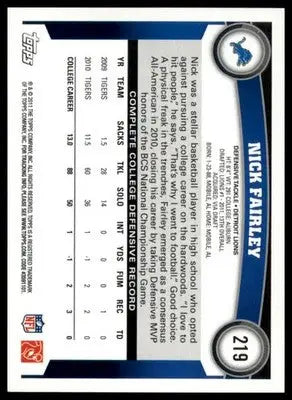 Nick Fairley Rookie 2011 Topps #219 Detroit Lions