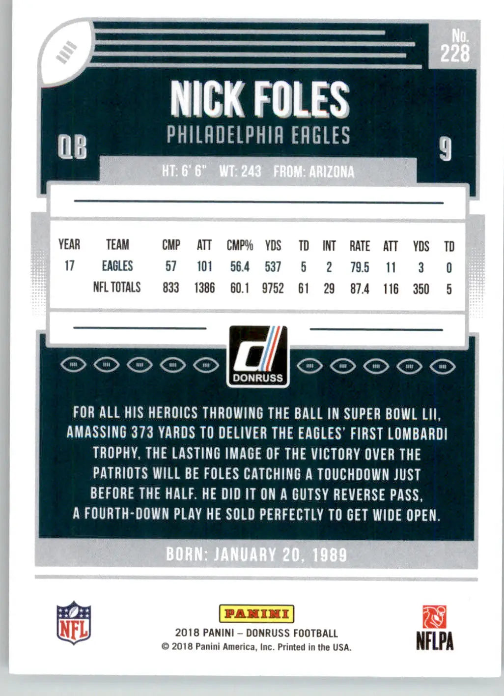 Nick Foles - 2018 Donruss - #228 - Football