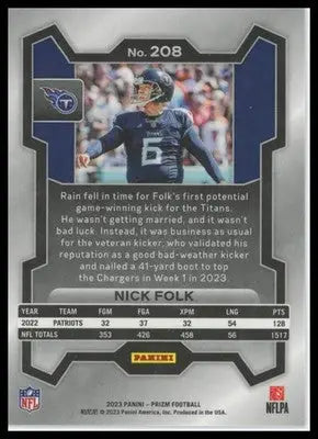 Nick Folk 2023 Panini Prizm #208 Tennessee Titans