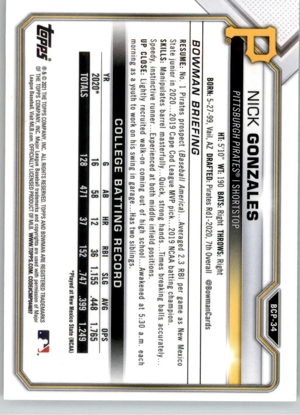Nick Gonzales - 2021 Bowman - #BCP-34 - Chrome Prospects Mojo Refractor Baseball