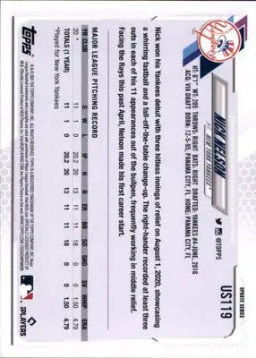 Nick Nelson Rookie 2021 Topps Update #US119 New York Yankees - Baseball Card Single