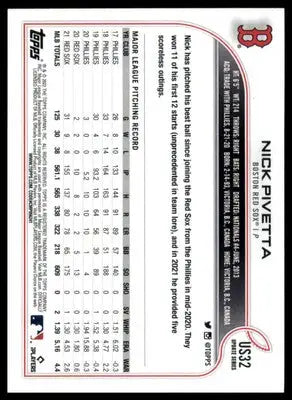 Nick Pivetta 2022 Topps Update #US32 Boston Red Sox - Baseball Card Single