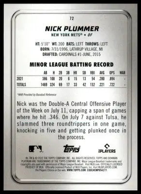Nick Plummer Rookie 2022 Bowman Platinum #72 New York Mets - Baseball Card Single