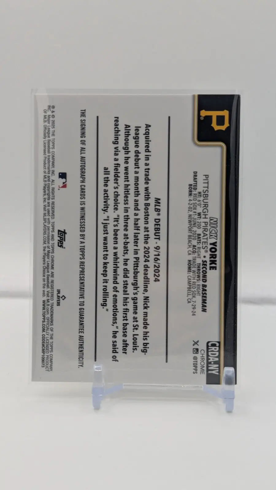 Nick Yorke 2025 Topps Chrome Update #CRDA-NY Auto Rookie Debut RC Pirates - Baseball Card Single