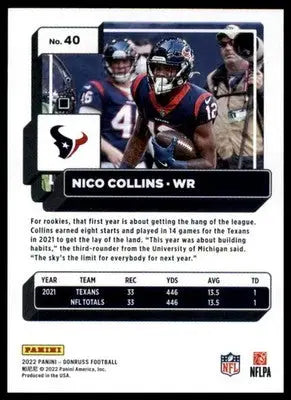 Nico Collins 2022 Donruss #40 Houston Texans - Football Card Single