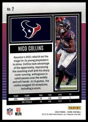 Nico Collins 2022 Score #2 Houston Texans - Football Card Single