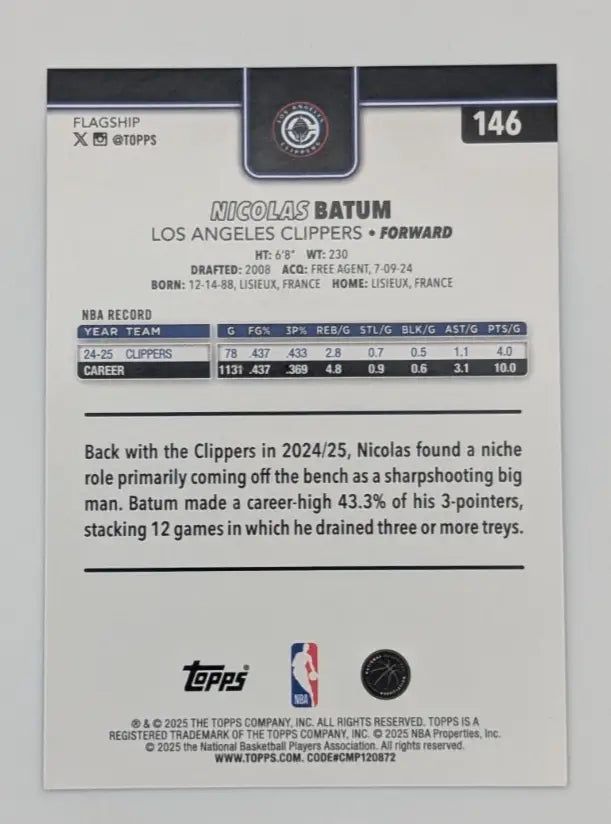 Nicolas Batum 2025-26 Topps Flagship #146 Purple Holo Foil /250 Clippers - Basketball Card Single
