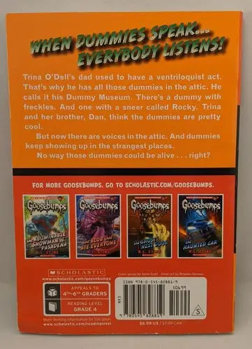 Back cover of Night of the Living Dummy 3 Classic Goosebumps book with normal shelf wear