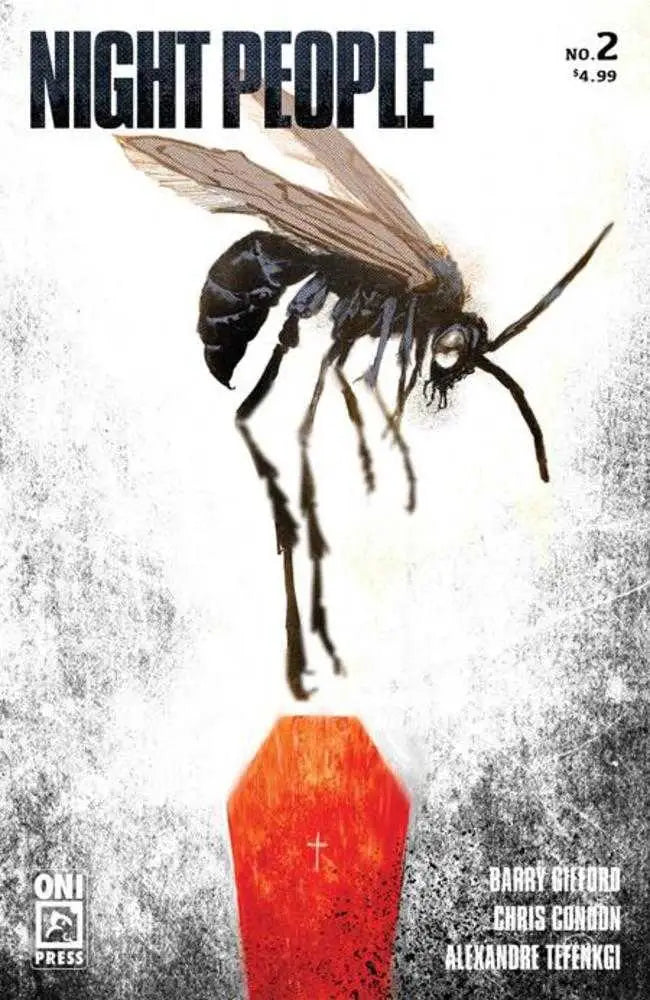 Black wasp hovering over a red coffin on Night People #2 trading card cover