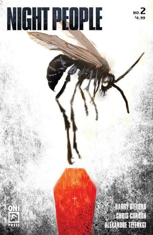 Black wasp hovering over a red coffin on Night People #2 trading card cover