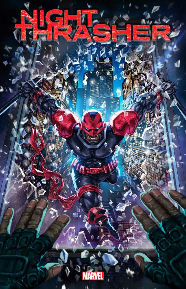 Red armored Night Thrasher superhero bursting through glass with glowing masks