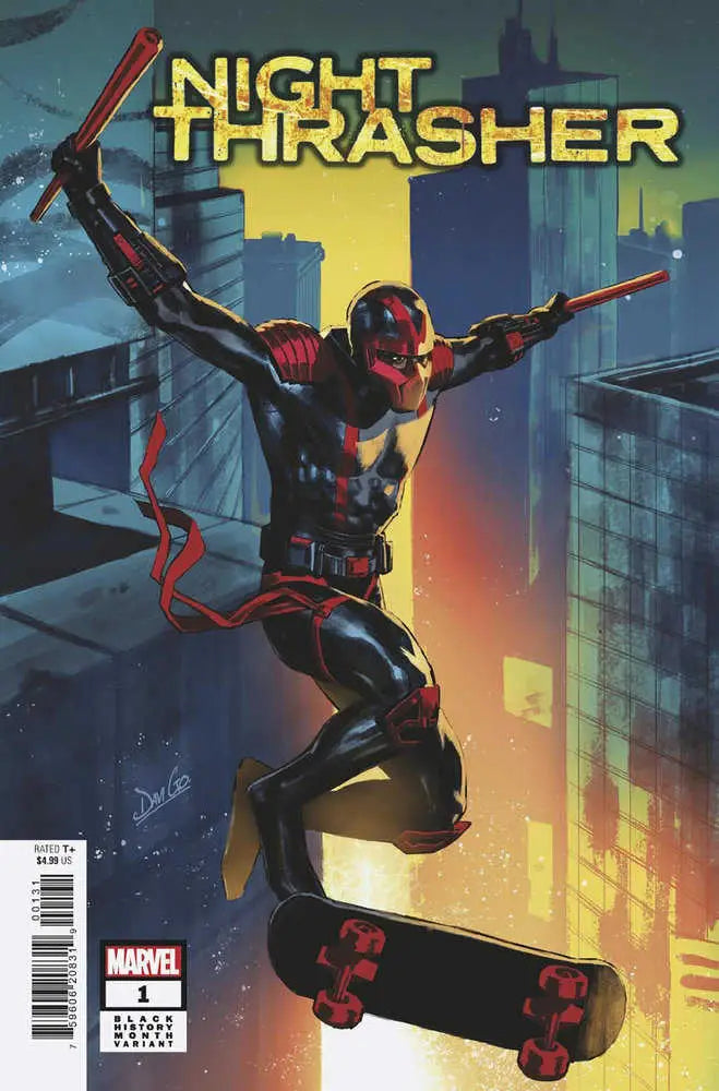 Night Thrasher in black armor skateboards through a vibrant neon cityscape