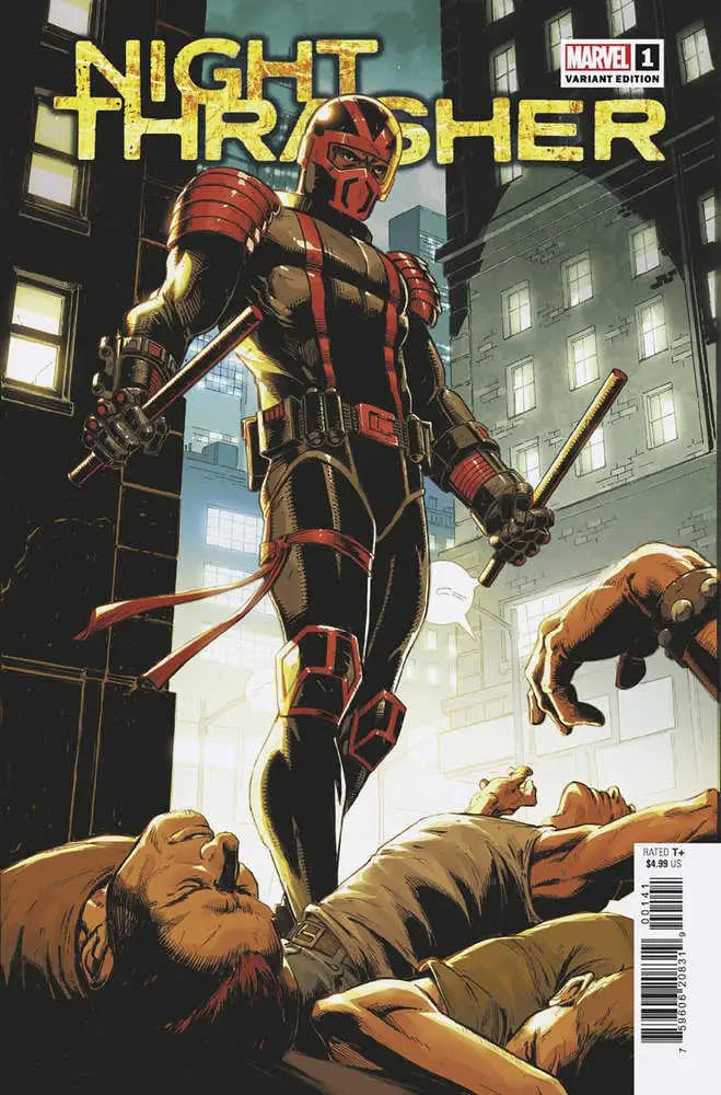 Night Thrasher 1 Mark Bagley Homage Variant comic cover with hero over defeated foes