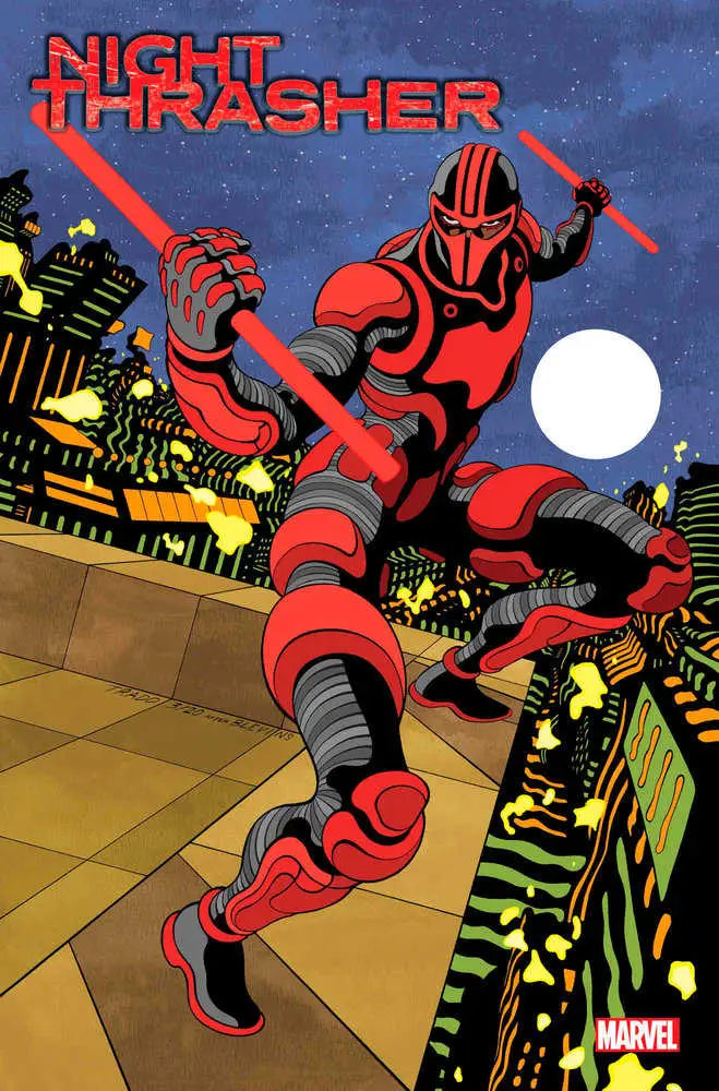Red-armored Night Thrasher warrior in combat stance with glowing weapons for trading cards