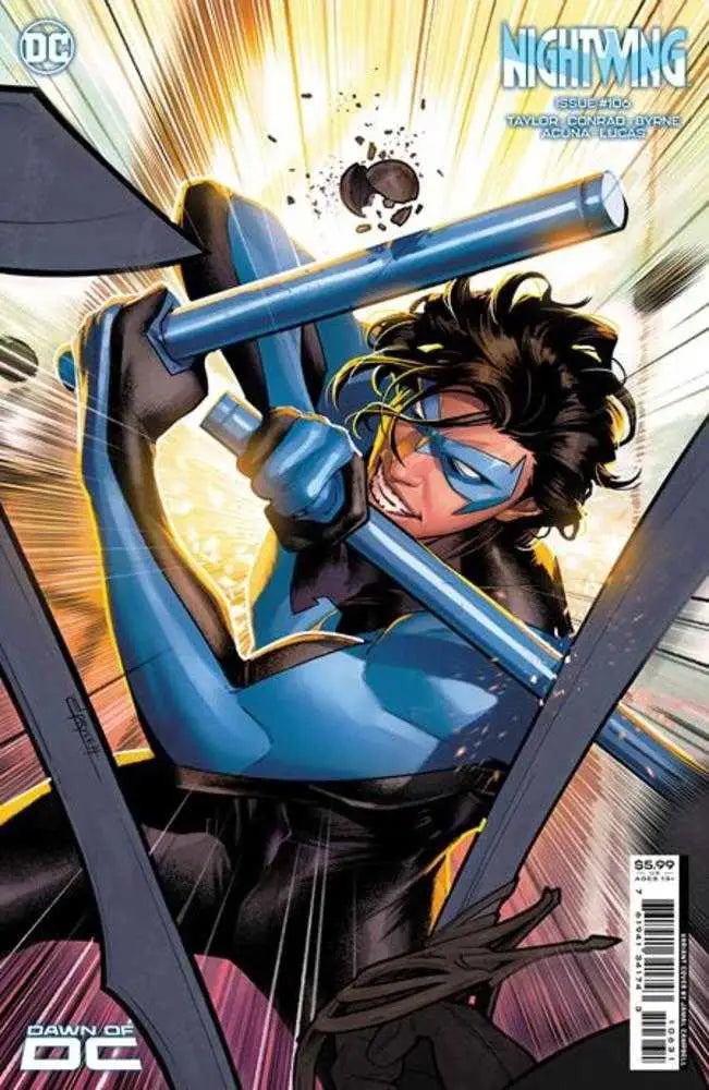 Dynamic Nightwing #106 cover featuring a blue-costumed hero with escrima sticks