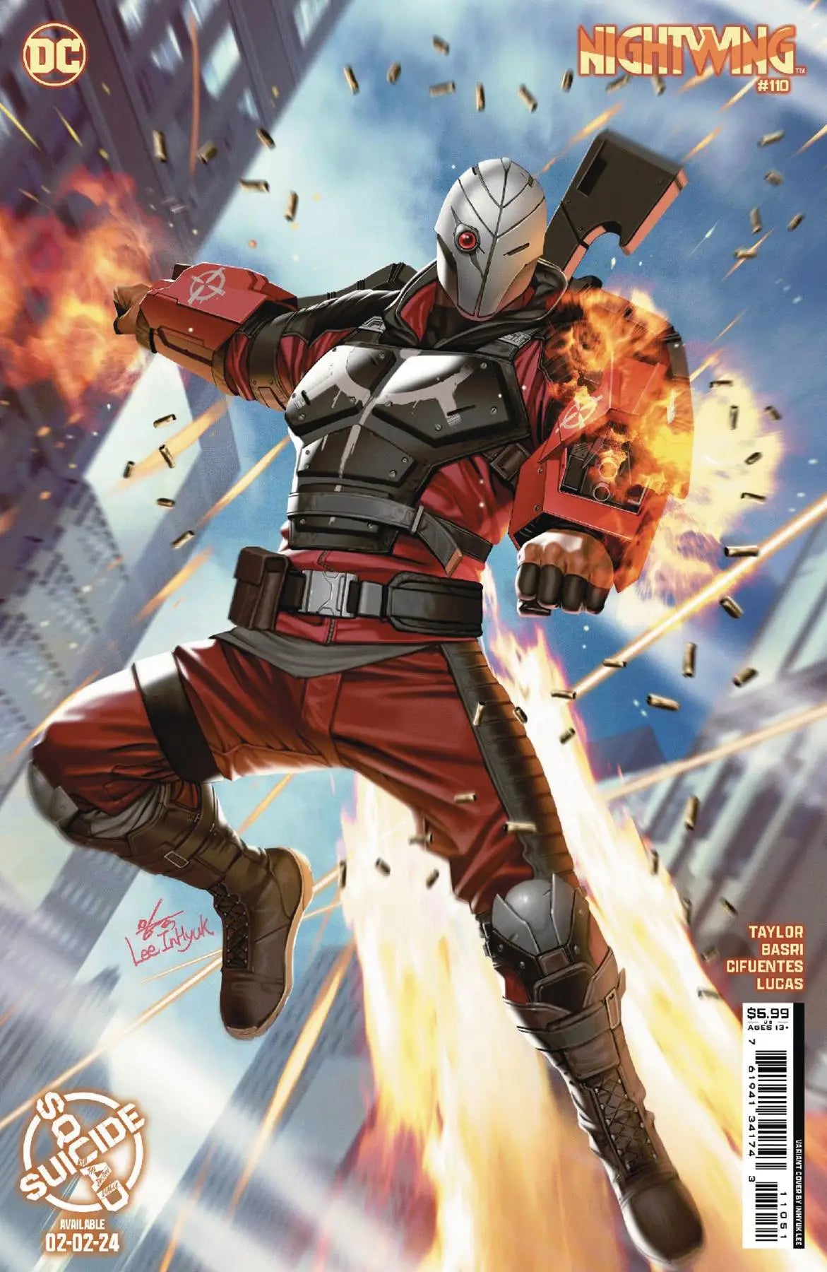 Masked warrior in red and gray armor leaping through explosion on Nightwing trading card