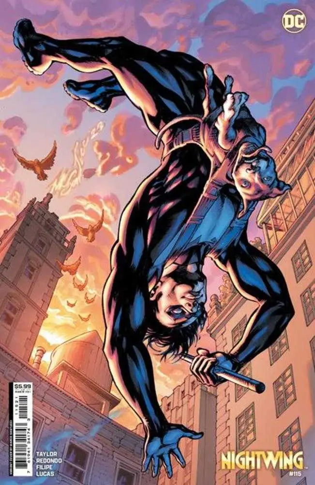 Superhero performing acrobatic flip against sunset, featured on Nightwing trading card