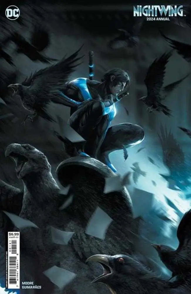Costumed hero Nightwing in black and blue with ravens, featured in trading cards