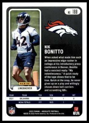 Nik Bonitto Rookie 2022 Panini Absolute Retail #188 Denver Broncos - Football Card Single