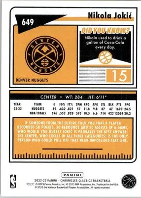 Nikola Jokic - 2022-23 Panini Chronicles - #649 - Basketball - Basketball Card Single