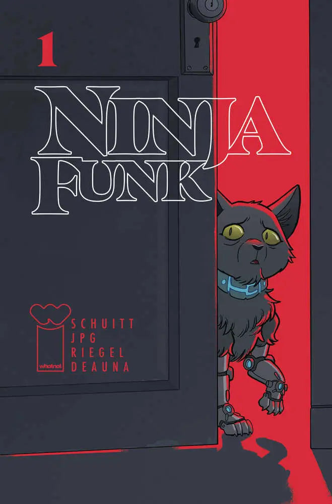 Ninja Funk #1 cover featuring a black cat peeking from behind a door, art by Fleecs
