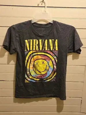 Nirvana Shirt Men’s S Graphic Short Sleeve Smiley Face Gray Black Tee - Apparel