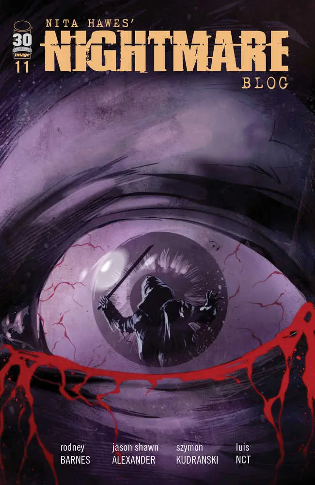 Sinister eye with dark figure in purple, featured on Nita Hawes Nightmare Blog #11 cover art