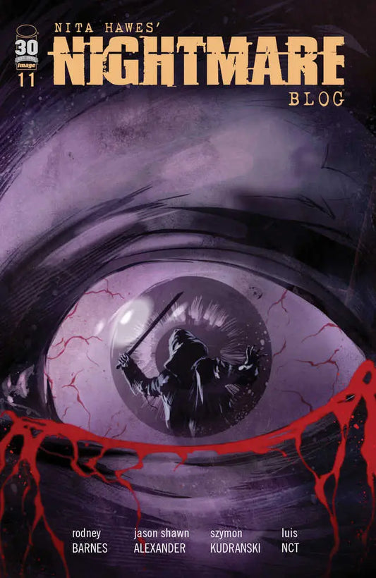 Sinister eye with dark figure in purple, featured on Nita Hawes Nightmare Blog #11 cover art
