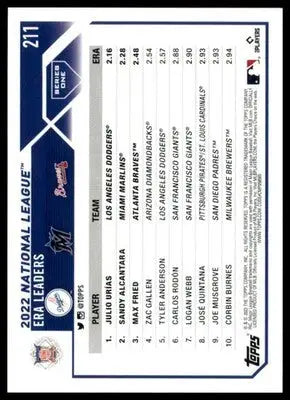 NL ERA Leaders (Julio Urías / Sandy Alcantara / Max Fried) LL 2023 Topps #211 - Baseball Card Single